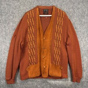 Penneys Towncraft True Vintage Cardigan Sweater Wool Suede Orange 70s Knit Large